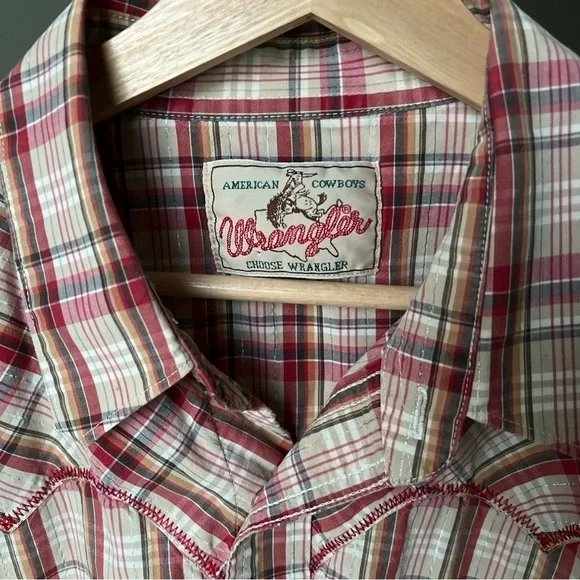 Wrangler Mens Short Sleeve Snap Close Red/white/orange/silver Plaid Shirt Sz XL - Picture 9 of 16